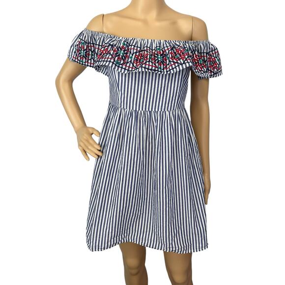 2/$15 Flying Tomato Embroidered Off Shoulder Dress Blue Striped Size M - Picture 2 of 8